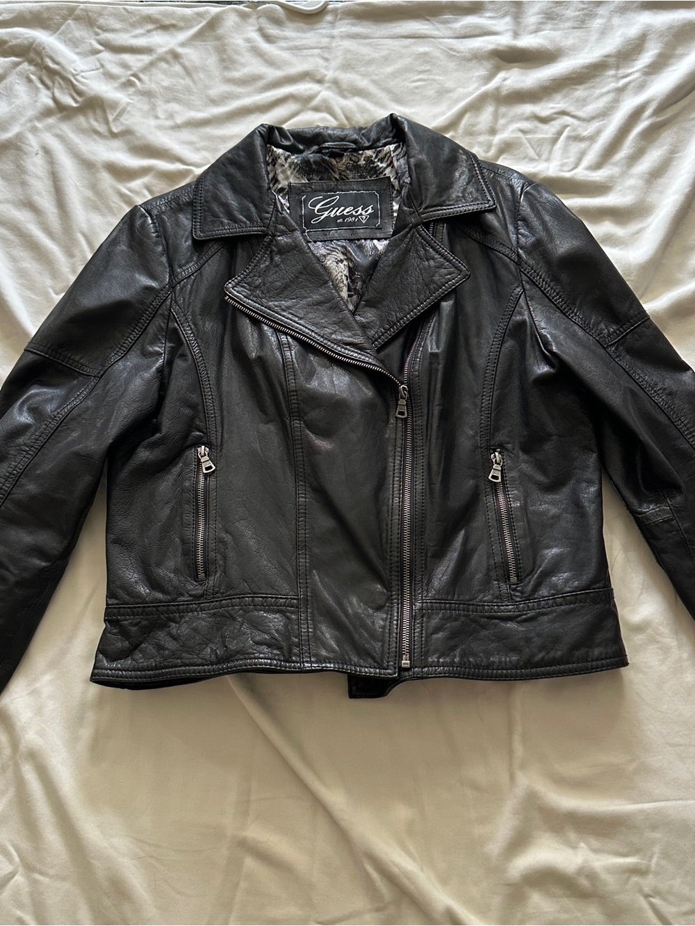 Guess Black Leather Moto Jacket with Zip Details